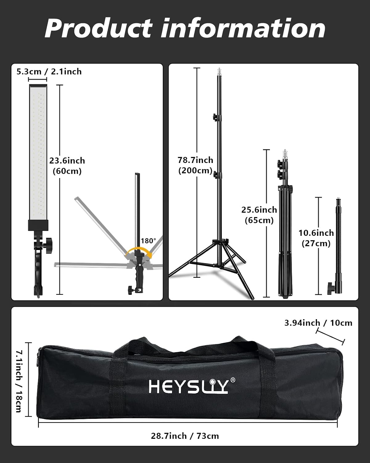 Heysliy Photography Studio LED Lighting Kit with Light Stand Bag Soft Tube, 180°Adjustable Angle 2M Adjustable Light Stand for Beauty, Eyebrow, Makeup, Portrait, Product Photography Fill Light