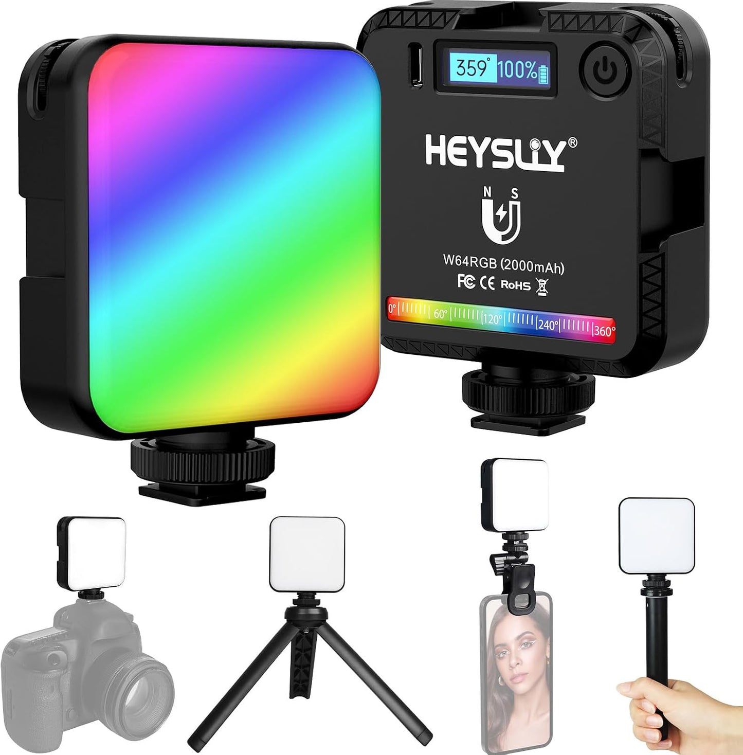Heysliy Magnetic RGB Video Light -Portable LED Camera Light 360° Full Color Photography Light with 3 Cold Shoe, Tripod & Phone Clip, 2000mAh, 2500K-9000K CRI95+, 20 Effects for Vlogging & Streaming