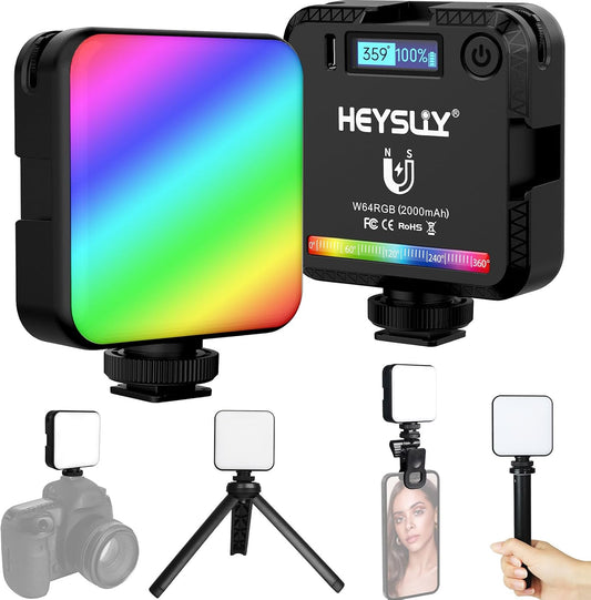Heysliy Magnetic RGB Video Light -Portable LED Camera Light 360° Full Color Photography Light with 3 Cold Shoe, Tripod & Phone Clip, 2000mAh, 2500K-9000K CRI95+, 20 Effects for Vlogging & Streaming