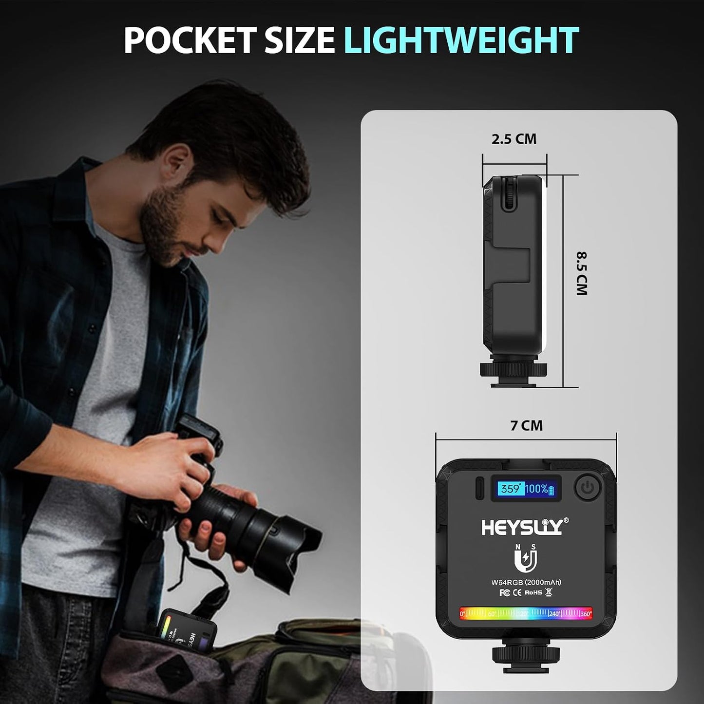 Heysliy Magnetic RGB Video Light -Portable LED Camera Light 360° Full Color Photography Light with 3 Cold Shoe, Tripod & Phone Clip, 2000mAh, 2500K-9000K CRI95+, 20 Effects for Vlogging & Streaming