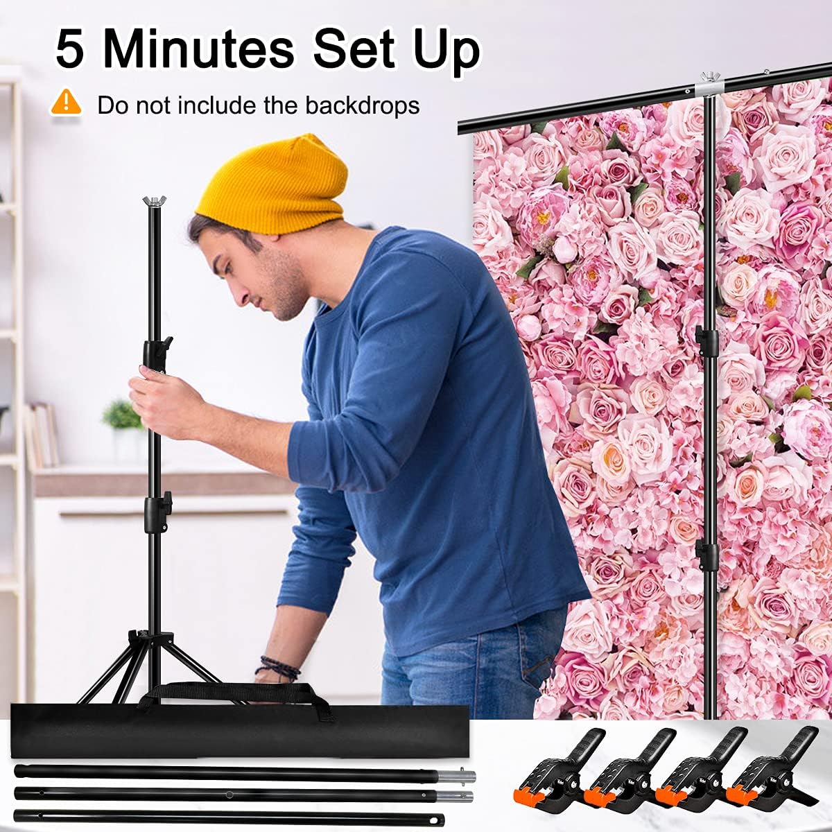 Backdrop Stand Kit 5 x 6.5 ft Green Screen Stand Height Adjustable Portable Small 2 x 2 M Background Stand for Streaming, Zoom, YouTube, Photography, Birthday Party, Tik Tok
