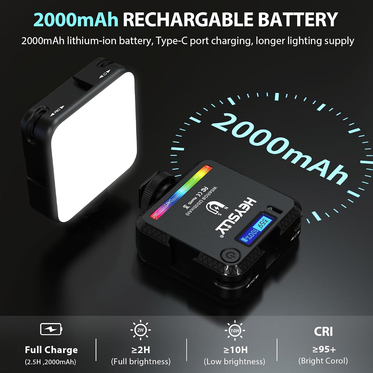 Heysliy Magnetic RGB Video Light -Portable LED Camera Light 360° Full Color Photography Light with 3 Cold Shoe, Tripod & Phone Clip, 2000mAh, 2500K-9000K CRI95+, 20 Effects for Vlogging & Streaming