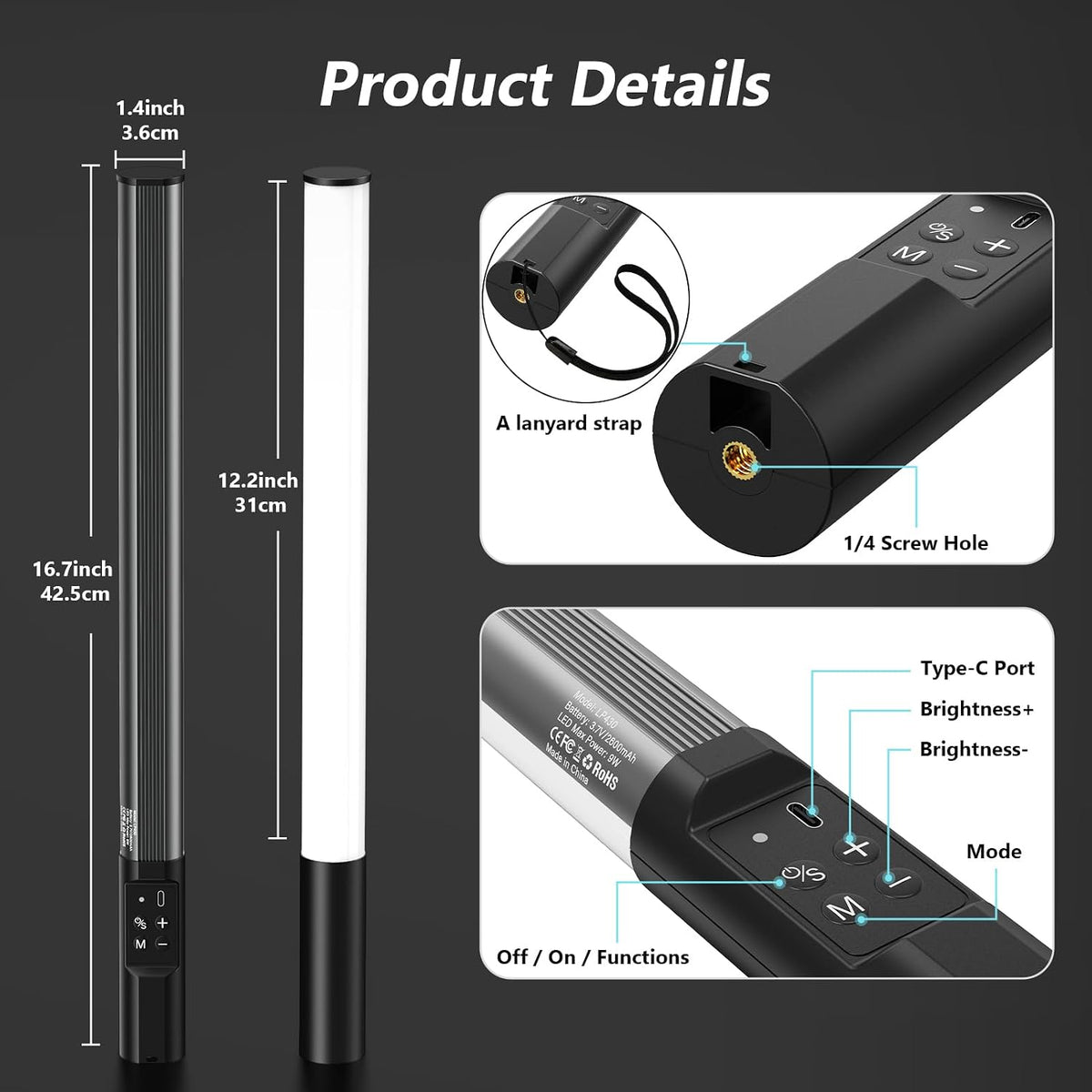 Heysliy Photography Light Wand, Heysliy RGB Handheld LED Video Light Stick 9 Colors 2600mAh Rechargeable 1000 Lumens Adjustable 2500K-9900K for Portraits, Studio Photography, Recording Streaming Light Painting