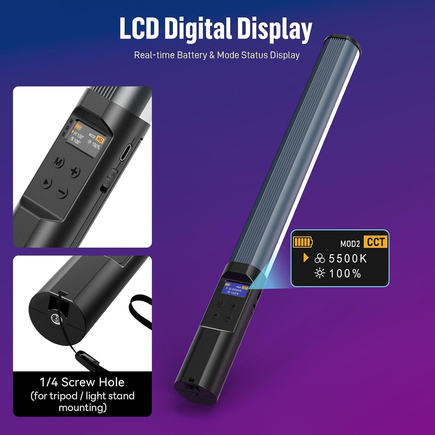 Heysliy RGB LED Video Light Stick, Handheld Light Wand Photography 36000+ Colors 360° Full RGB HSI & 2500-9900K CCT & 24 Effects, 2600mAh Battery, Video Tube Lighting Stick for Studio Photography Streaming