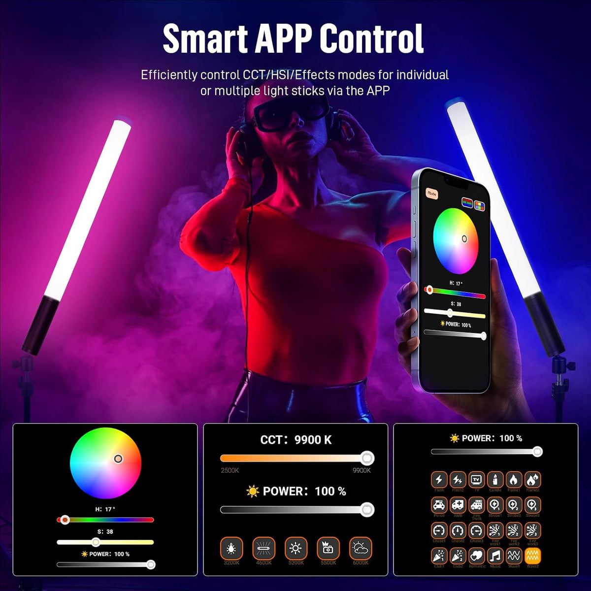 Heysliy RGB LED Video Light Stick, Handheld Light Wand Photography 36000+ Colors 360° Full RGB HSI & 2500-9900K CCT & 24 Effects, 2600mAh Battery, Video Tube Lighting Stick for Studio Photography Streaming