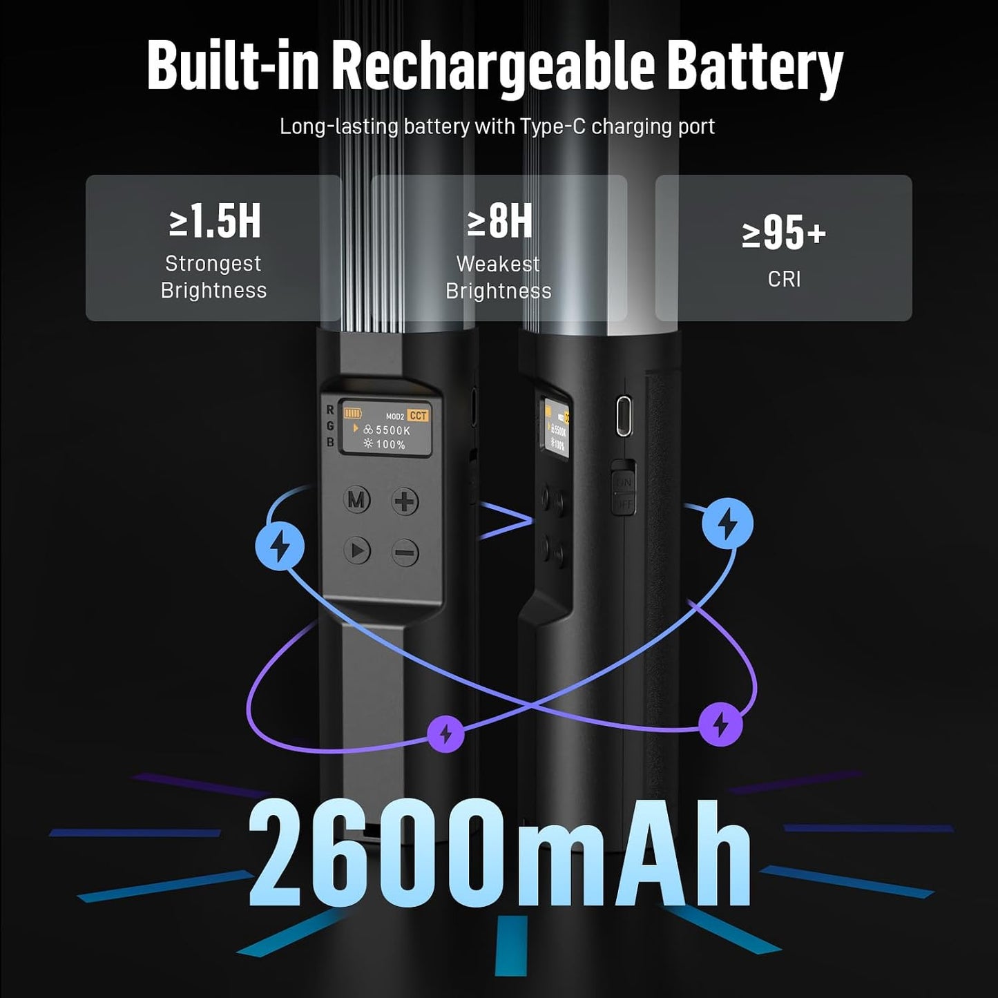 Heysliy RGB LED Video Light Stick, Handheld Light Wand Photography 36000+ Colors 360° Full RGB HSI & 2500-9900K CCT & 24 Effects, 2600mAh Battery, Video Tube Lighting Stick for Studio Photography Streaming