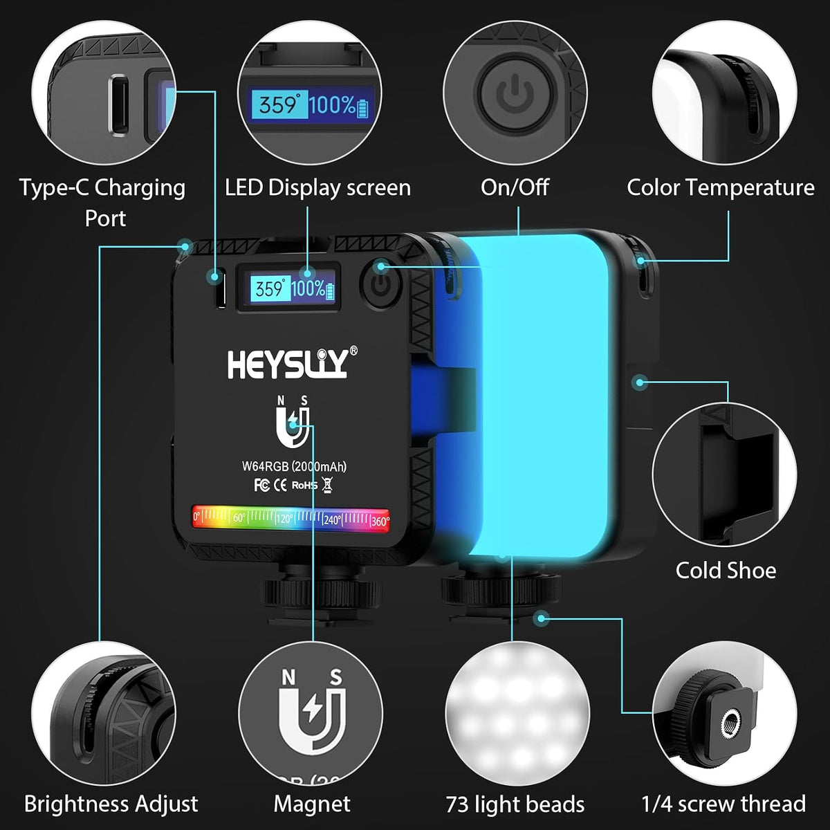 Heysliy Magnetic RGB Video Light -Portable LED Camera Light 360° Full Color Photography Light with 3 Cold Shoe, Tripod & Phone Clip, 2000mAh, 2500K-9000K CRI95+, 20 Effects for Vlogging & Streaming