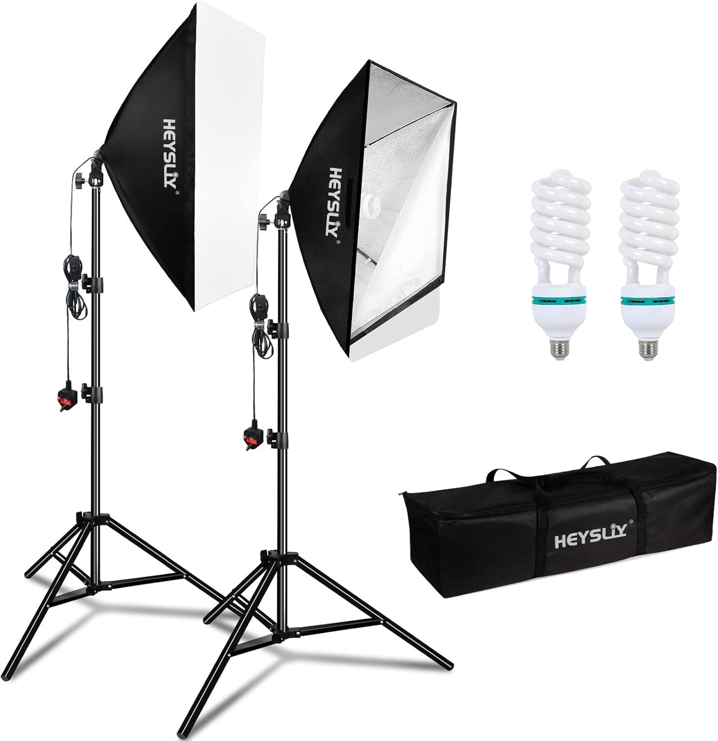 Heysliy Softbox Lighting Kit 2x50x70cm, Photography Lighting with 150W 5500K Daylight Bulb & E27 Socket, Studio Light for Fashion Portrait, Product Photography, Video Shooting, Live Stream