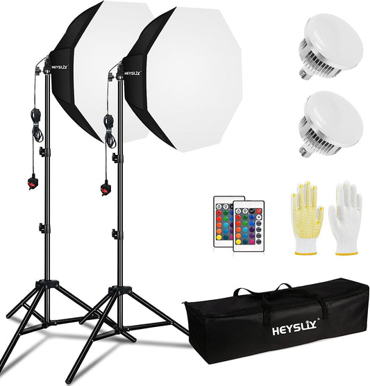 Heysliy Octagonal Softbox Lighting Kit 2x26''/65cm, Photography Lighting with 2 x 150W Dimmable RGB LED Bulbs, Studio Lighting for Video Recording, Fashion Portrait, Product Photography, Live Stream