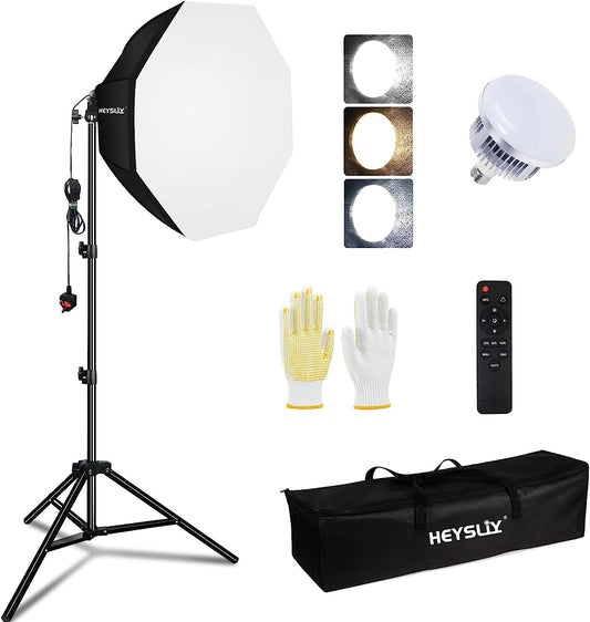 Heysliy Octagonal Softbox 26''/65cm, Photography Lighting Kit with 85W Bi-Color Dimmable LED Bulb, Studio Lighting for Video Recording, Fashion Portrait, Product Photography, Live Stream
