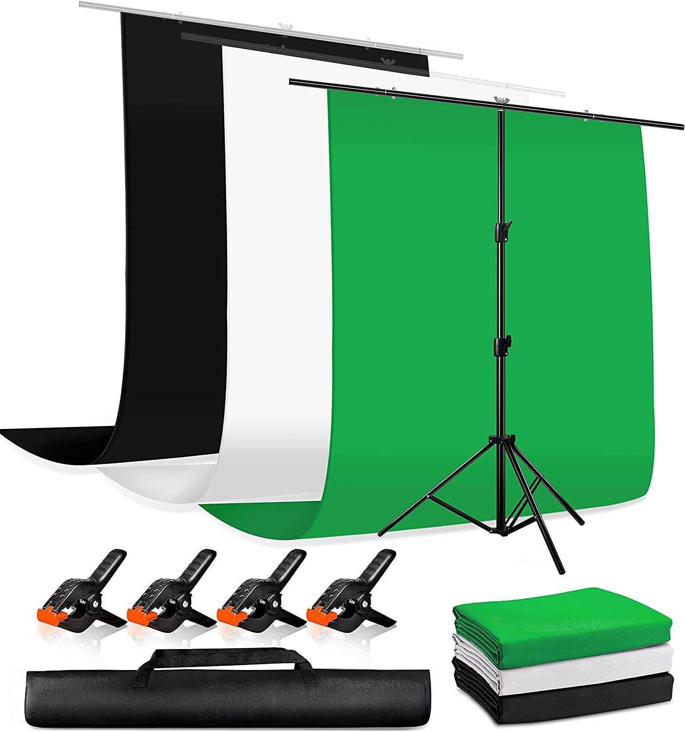 Heysliy 5 X 6.5 FT Photography Backdrop Kit with Stand, White Backdrop &Black Backdrops for photography, Portable Green Screen Background with 6.6 X 6.6ft Adjutable Stand for Streaming, YouTube