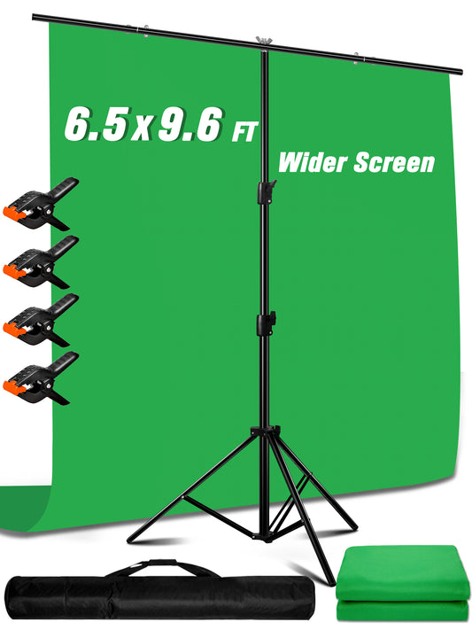 Heysliy 6.5 X 9.6 FT Green Screen Backdrop Kit with 6.5 X 6.5 FT Portable Backdrop Support Stand, Greenscreen Kit Stand with Green Cloth and 4 Spring Clamps, for Photoshoot Streaming Zoom Gaming